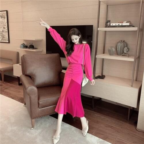 2020 Autumn and Winter Two Piece Suit New Women Korean Shoulder Style Top High Waist Slim Long Skirt Fashion Casual Set
