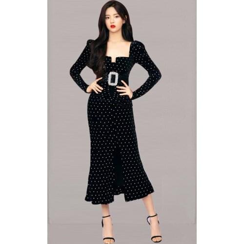 Runway Design Brand Autumn Winter Dress Women 2021 Long Sleeve Print Plaid Black Velvet Dress Ladies Corset Split Elegant Dress
