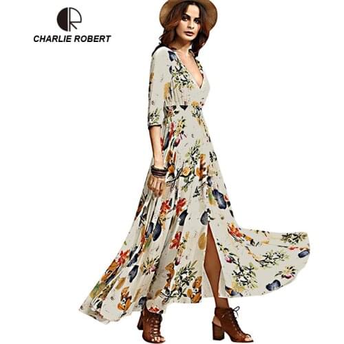 CR New 2017 Summer Dress Sexy Bohemian Half Sleeve V-neck Ankle-length Long Beach Dress Drop Shipping WD3730