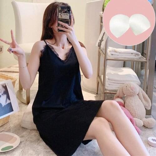 Womens Sexy Dress Bra Padded Cotton Sleepwear New Lace Nightdress Short Slim Nightwear Lounge Wear Female Nightgowns