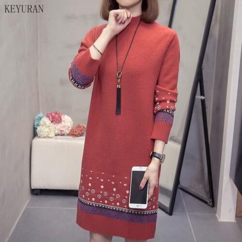 Half Turtleneck Sweater Dress Women Autumn Winter Long Sleeve Casual Loose Oversized Knitted Long Jacquard Sweaters Vestidos