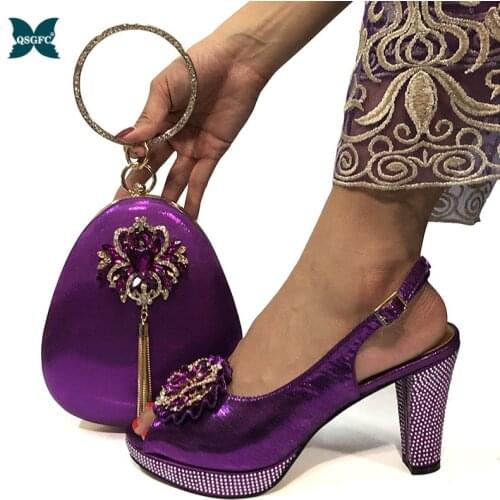 2020 Ladies Italian design Shoes and Bag Set Decorated with Rhinestone African Wedding Italian Shoe and Bag Sets in Purple Color