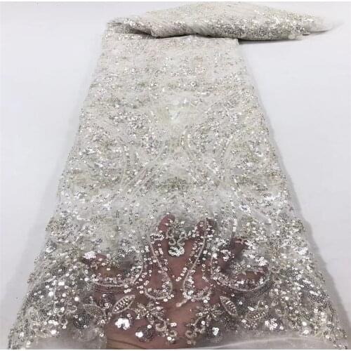 2021 Heavy Handmade Beads Lace Fabric white Tulle Mesh Lace Fabrics French Beaded Lace for Nigeria Bridal Lace Garments r68-87