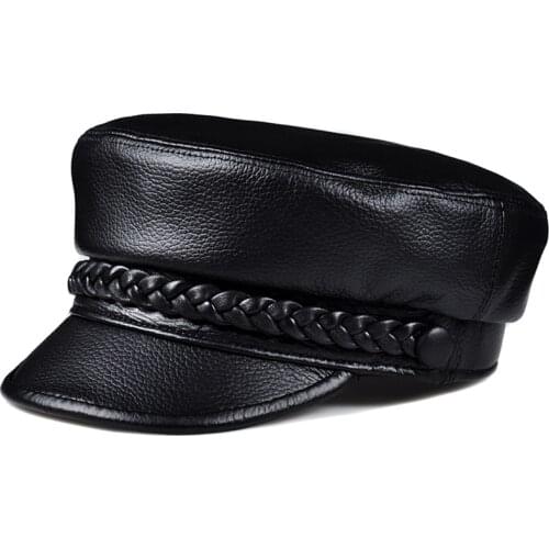 Spring Unisex Genuine Leather Flat Top Baseball Caps For Men Women Hat Punk Rock Rivet Golden Chain Casquette Army Navy Caps Fit