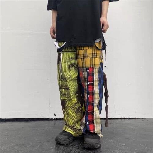 2021 Hip Hop Plaid Pants Men Ins Irregular Casual Pants Patchwork Pants Fashion Streetwear Trousers