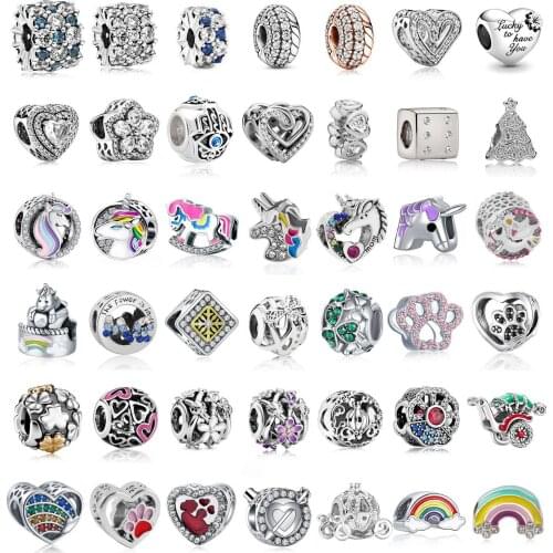 2021 New Silver Color Unicorn Crystal Heart Clover Beads Fits Pandora Charm Bracelet&Bangle DIY Women Jewelry Making