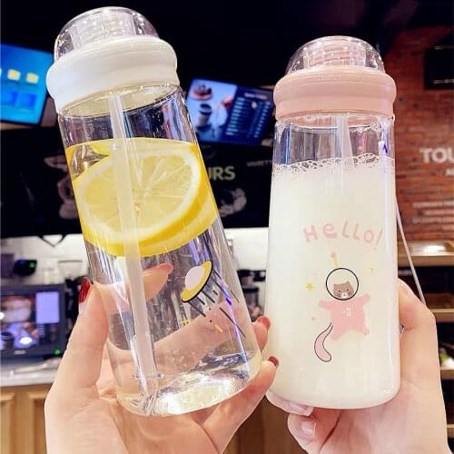 Cute Cartoon Gass Water Bottle Pacifier Straw Cup Suitable for Adult Children Milk Glass Bottle Baby feeding Bottle