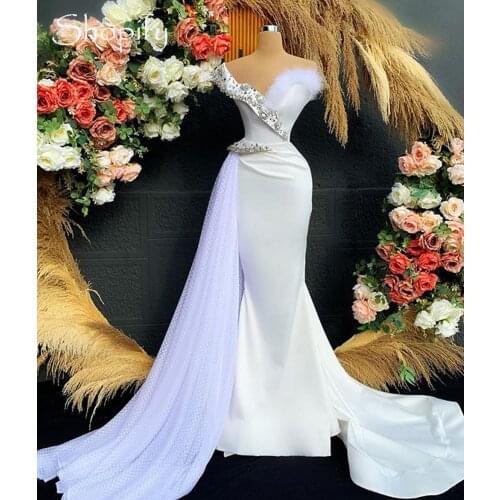 Long Elegant White Evening Dresses 2020 Mermaid Style One Shoulder Beaded Crystals Dubai Women Arabic Women Formal Gowns