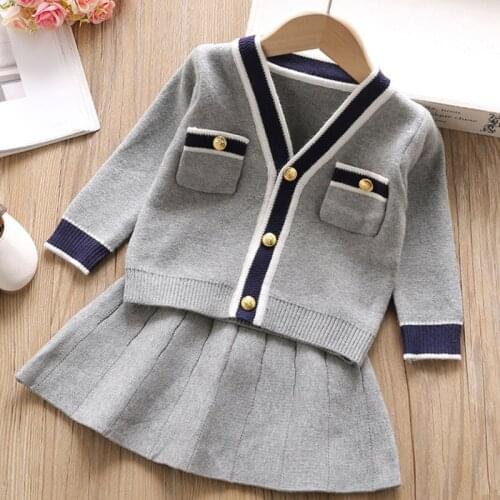 Baby Girl Autumn Winter Clothes Sets Kids Gray Cardigan Sweater With Pleated Skirt Two-Piece 3-7 Years Children Knitted Clothing