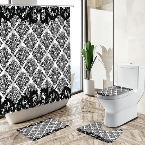 Retro Elegant Floral Shower Curtain European Baroque Brocade Pattern Bathroom Decor Non-Slip Carpet Toilet Cover Floor Mat Set