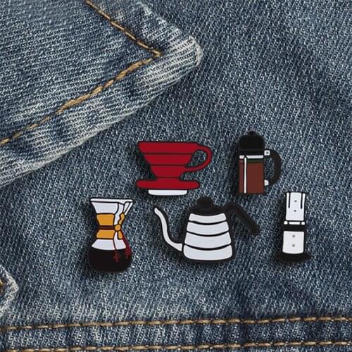 Coffee Machine Brooches Teapot Cup Kettle Enamel Pins Metal Custom Fashion Accessories Jewelry Lapel Jackets Denim Badges Gifts