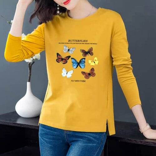 Ymwmhu Multi-color Butterfly Graphic T-shirt Pure Cotton Autumn Clothing Long Sleeve O-neck Tshirt Streetwear Women Top Shirts