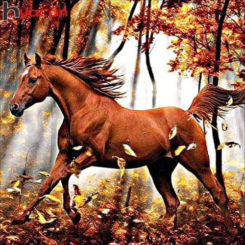 Huacan Diamond Painting Run Horse Full Square/round Mosaic Autumn Forest Animal Embroidery Home Decor Diamond Art