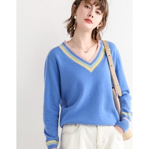 V-neck color-blocking cashmere sweater women 2021 pure wool sweater pullover top bottoming shirt Korean fashion womens clothing
