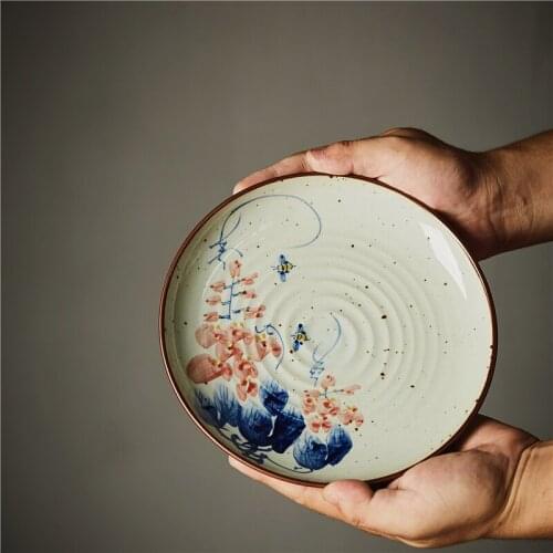 Ceramic tableware hand-painted round plate porcelain soup plate household retro dish underglaze color dish retro style flower ho