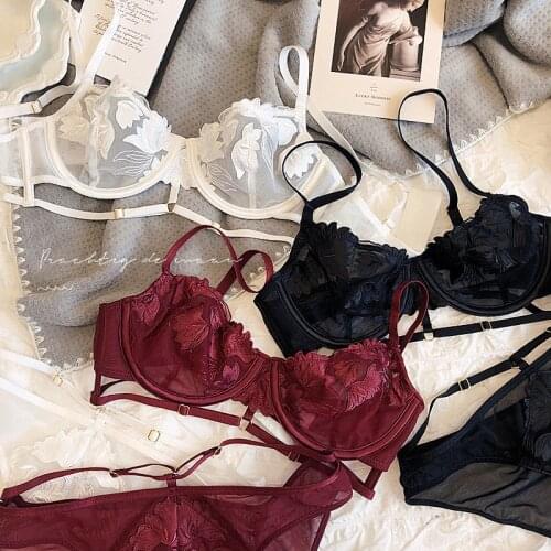 French BCD Size Embroidery Hollow Out Lady Sexy Bra And Panty Set Ultrathin Translucent Women Underwear Push Up Summer Intimates