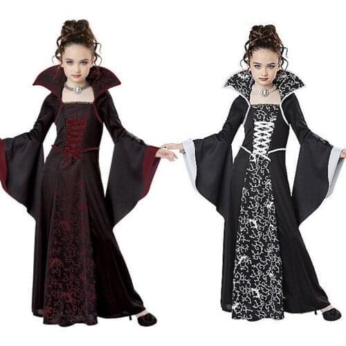 Halloween Cosplay Costumes for Kids Little Evil Vampire Queen Dark Magic Forest Witch Vintage Maxi Dresses Performance Clothing