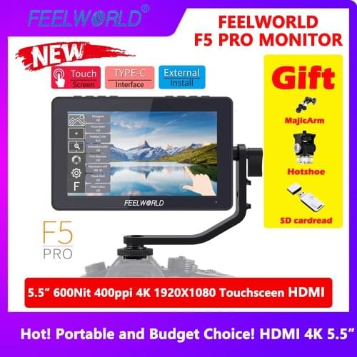 FEELWORLD F5 Pro 5.5 Inch Touch Screen DSLR Camera Field Monitor with F970 External Kit Install for Power The Wireless Transmiss