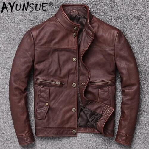 AYUNSUE Mens Leather Jacket Men 100% Real Cow Leather 2020 Spring New Fashion Mandarin Collar Mens Clothing X-1931 PWX22