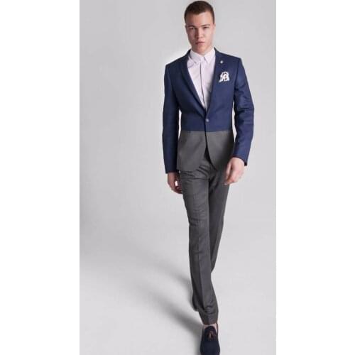 2 Pieces Latest Coat Pant Designs Blue And Gray Mens Wedding Prom Party Suits Handsome Custom Made Groom Tuxedos (Jacket+Pants)