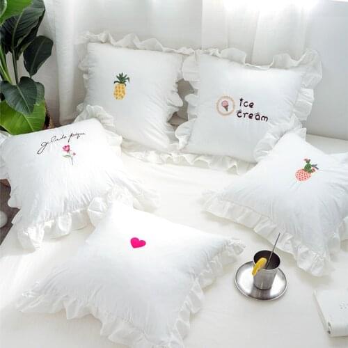 Cute Letters Embroidery Throw Pillow Cover 100% Cotton White With Ruffles Fringes Cushion Cover Square Pillowcase Household