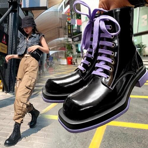 2020 spring and autumn new thick bottom lace-up square head Martin boots leather candy color medium tube boots female X234