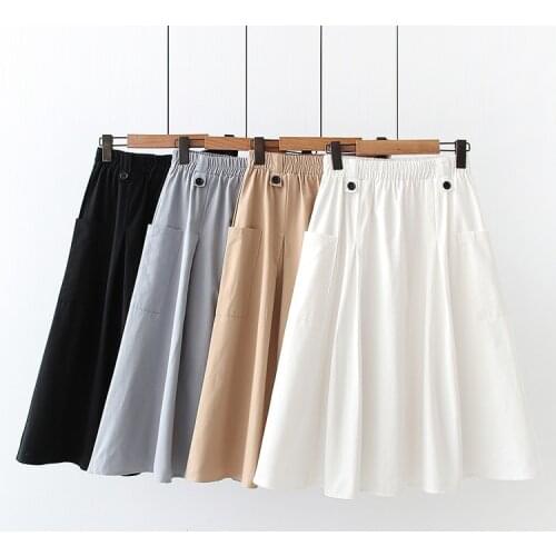 New High Waist A-line Elastic Waist Skirts Womens For Spring Summer Buttons Big Pocket Blakc Mid Skirt For Women