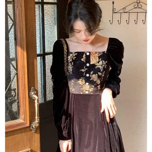 2021 Autumn Vintage Velvet Black Dress Lady Square Collor Long Sleeve Eveing Party Midi Dress Women Casual One Piece Dress Korea