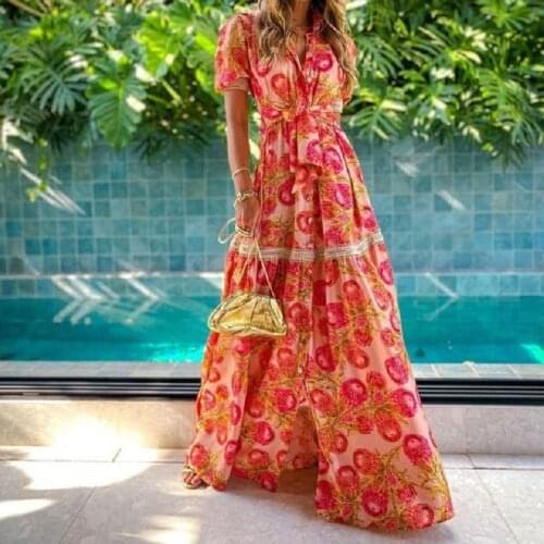 Summer Sexy Gorgeous Floral Print Maxi Dress Vintage V Neck Short Sleeve Long Dress Elegant Boho Lace Hollow Out Party Dress XXL