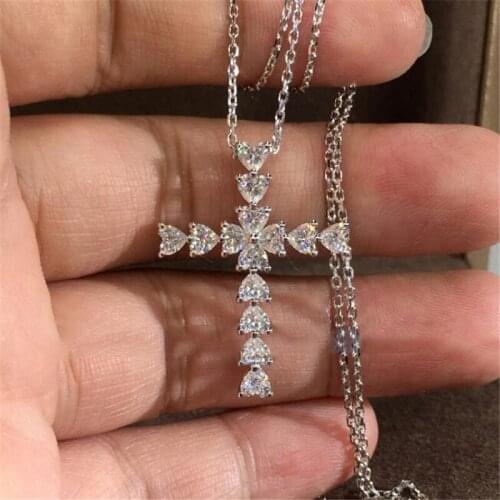 Simple Fashion Jewelry 925 Sterling Silver Heart Shape White Topaz Diamond Cross Pendant Women Christianity Clavicle Necklace