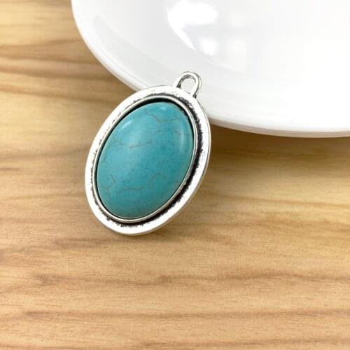 6 Pieces Tibetan Silver Oval Shaped & Faux Turquoise Stone Charms Pendants for DIY Necklace Jewellery Making 36x25mm