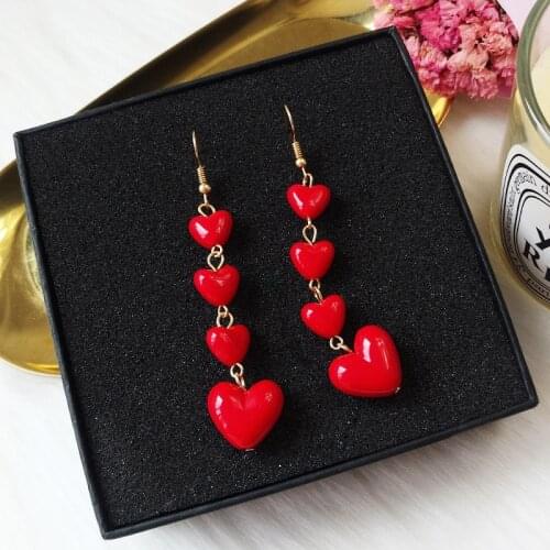 Rinhoo Womens Cute Romantic Heart Drop Earrings Red Love Heart Long Tassel Earrings Female Statement Wedding Jewelry Wholesale