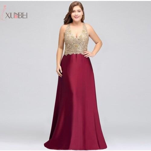 2019 Luxury Plus Size Burgundy Satin Long Prom Dresses Gold Applique Beading Prom Gown Gala Dress