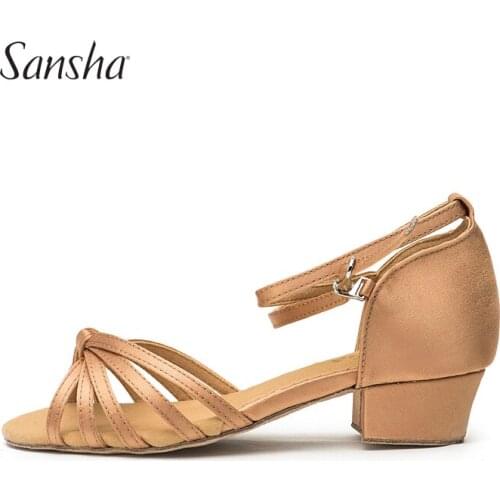 Sansha Kids Satin Latin Shoes Non-slip Suede Sole Low Heel Tan/Gold Ballroom Salsa Tango Dance Shoes For Girls BK13026S