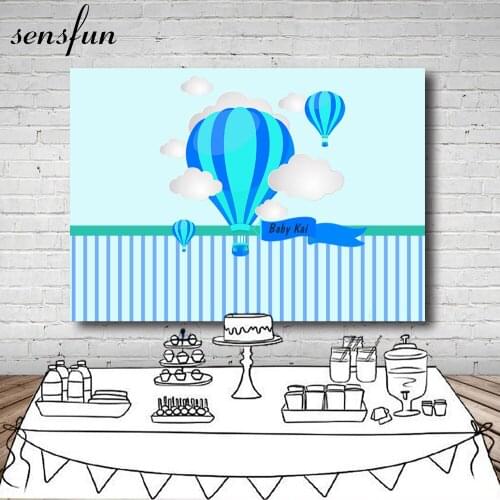 Sensfun Blue Theme Newborn Baby Shower Backdrop Hot Air Balloon Gender Reveal Backgrounds For Photo Studio 7x5ft Vinyl Polyester