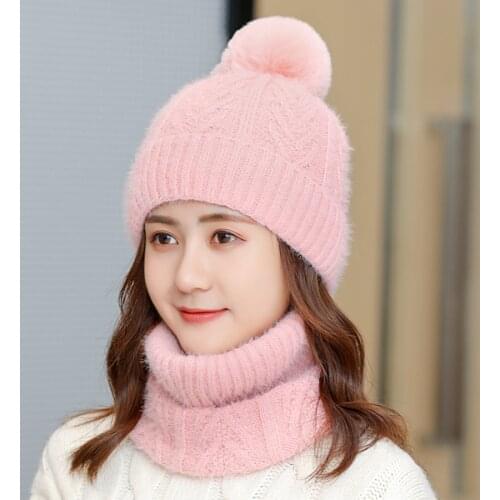 Womens Velvet Wool Hats Bib Sets Women Hair Ball Knit Caps Female Outdoor Cycling Windproof Beanie Skullies Hats Suit