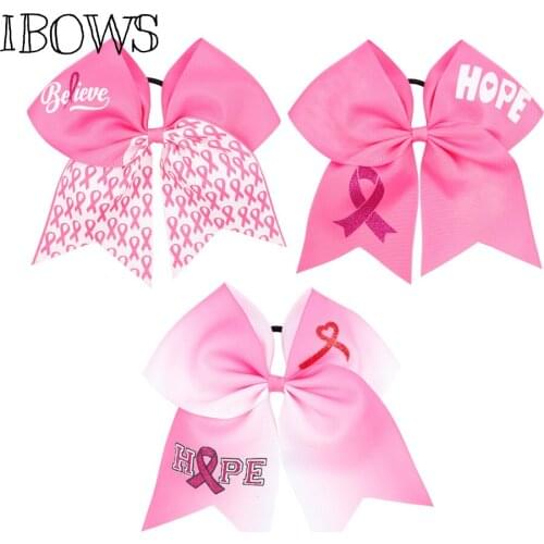 7" Breast Cancer Pink Ribbon Glitter Cheer Bow Women Hair Bows Print Letter Elastic Hair Band Headwear Accessories