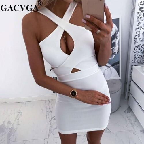 GACVGA 2020 Summer Sexy Bodycon Dress White/Black Women Fashion Sleeveless Skinny Clubwear Basic Hot Slim Club Party Mini Dress