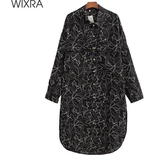 Wixra Dresses Floral Print Womens Long Sleeve Turn Down Collar Elegant Loose Mid Calf Clothing Street Style Spring Summer