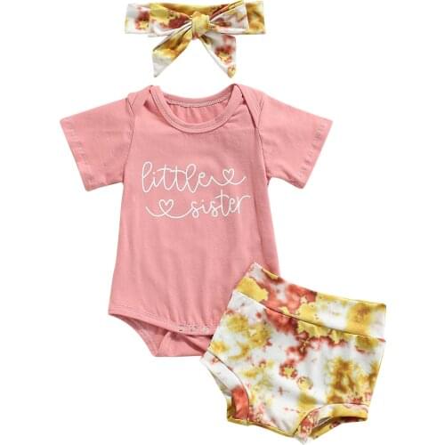 Infant Girl Clothing Set Sweet Letter Short Sleeve Romper+Floral High Waist Shorts+Headband Summer Cotton 3pcs