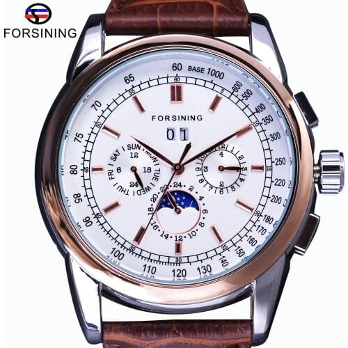Forsining Rose Golden Moon Phase Design Mechanical Automatic Watches Calendar Brown Leather Mens Watch Top Brand Luxury Clock