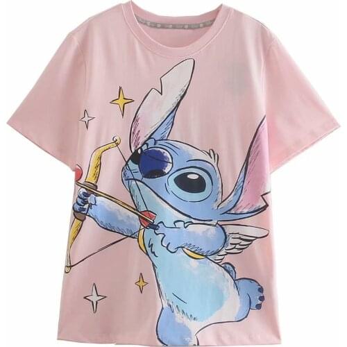 Disney Cartoon Stitch Shirts for Women Print Round Neck Short-sleeved Women Fashion Clothing Graphic T-Shirts Harajuku Kawaii