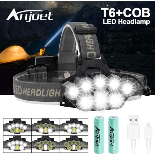 Anjoet 8 LED USB Rechargeable Headlight Headlamp 2*T6+5*Q5+1*COB LED Head Lamp Flashlight Torch Head Light Lantern 18650 Battery