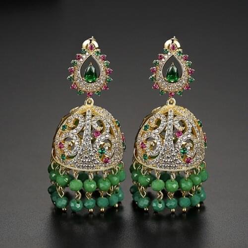 Indian Jhumka Earrings Retro Ethnic Gypsy Beads Bells Drop Earrings Fashion Women Rhinestone Crystal Statement Jhumki Jewelry