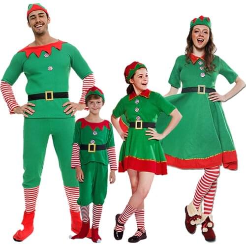 Classic Christmas Elf Cosplay For Children Christmas Spirit Costume Adult Women Santa Claus Dress Kids Xmas Hat Family Outfit