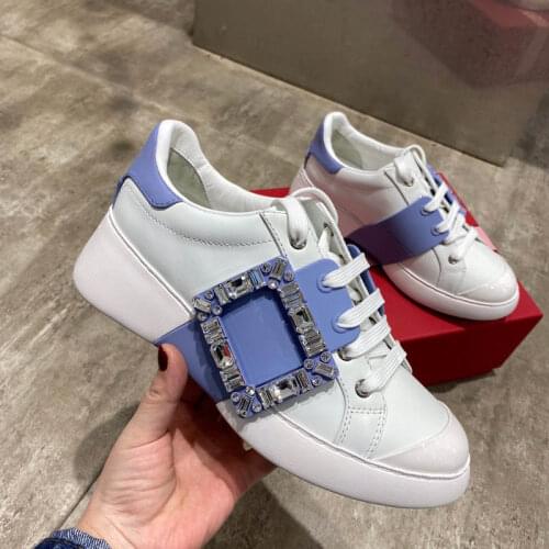 Fashion Square Buckle White Shoes Casual Sneakers Flat Shoes Women Round Toe Lace Up Platform Casual Shoe Ladies Loafers