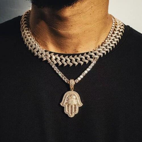 Gold color hip hop iced out bling men boy jewelry hiphop rock Punk ice baguette cz hamsa hand fatimas hand pendant necklace