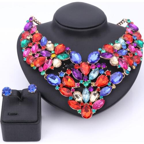 Luxury Wedding Bridal Accessories Statement Jewelry Sets For Women Rhinestones Crystal Necklace Earrings Holiday Party Sets