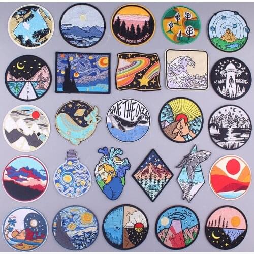 Prajna Van Gogh Embroidery Patches for Clothing Camp Iron On Patch DIY Applique Clothes Stickers Star Night Mountain Wave Stripe