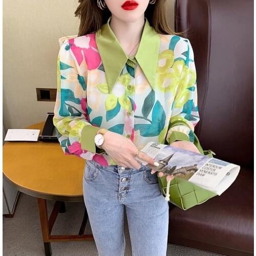 2021 new long-sleeved polo collar puff sleeve Hong Kong style color shirt female design niche retro French top